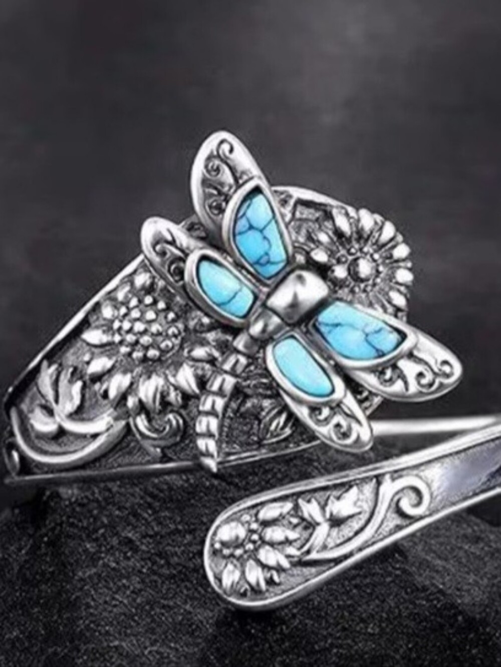 Silver Butterfly Adjustable Ring with Mint Enamel Accent